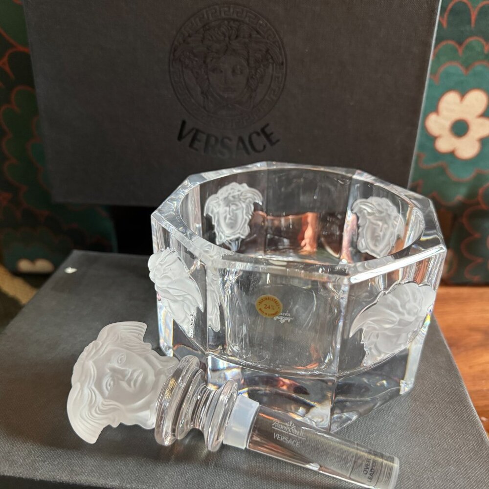 Versace Rosenthal Medusa Lumiere Crystal Wine Stopper and Bottle Coaster Set
